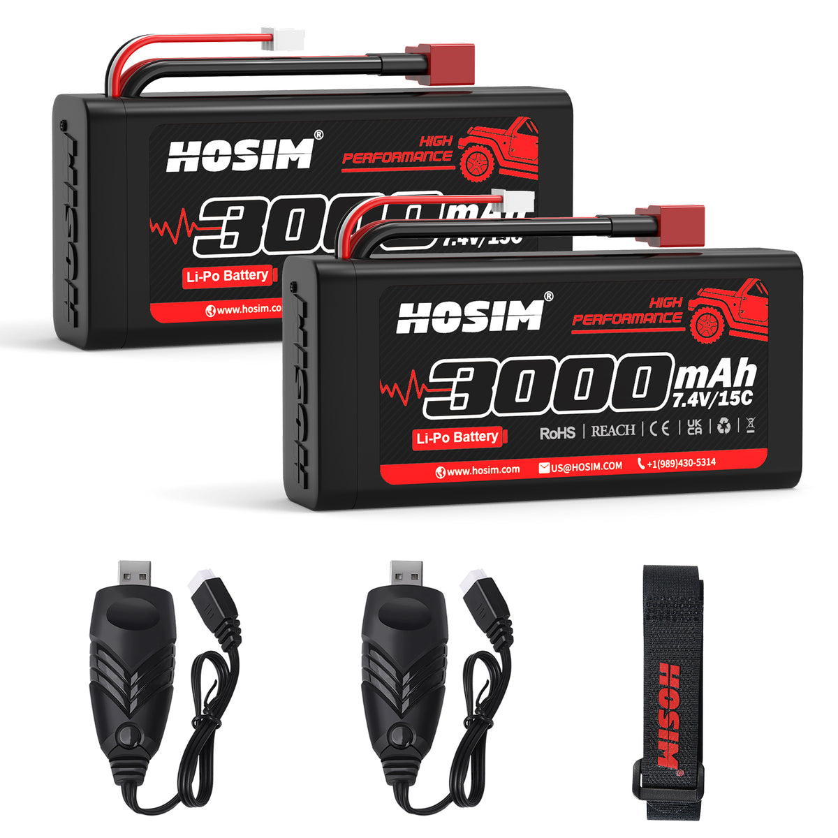 RC Car Battery 7.4V 15C 3000mAh Lipo Battery RC Lipo Batteries 2PCS with 2 USB Chargers