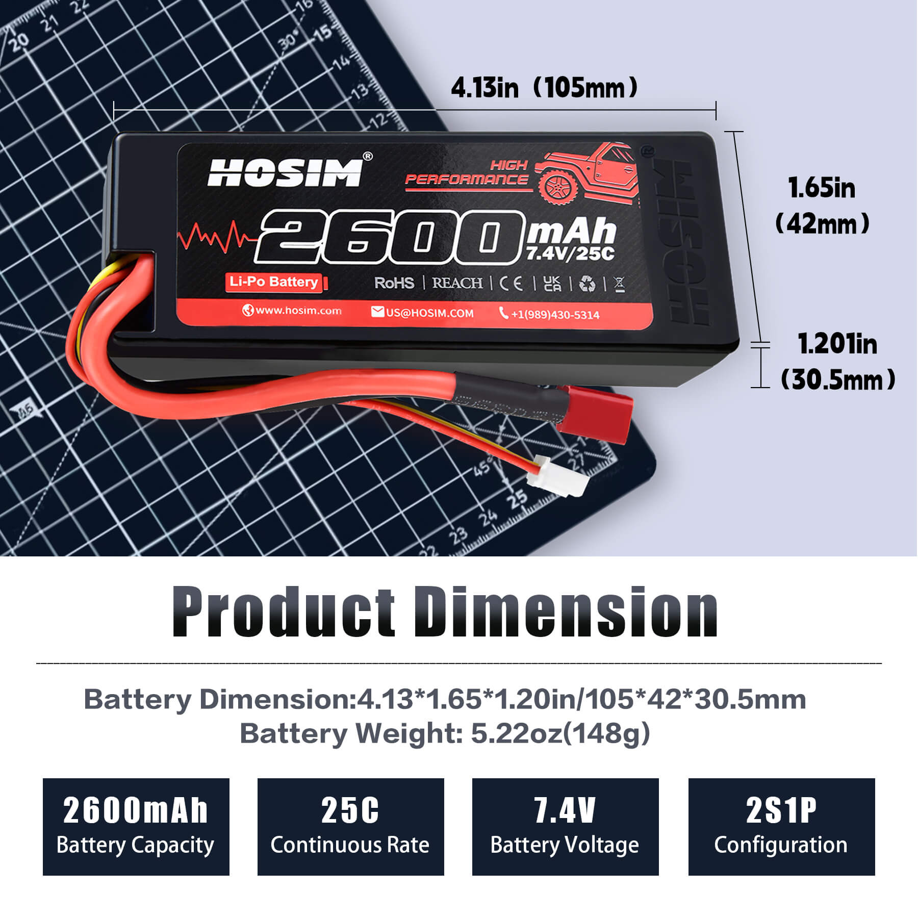 RC Car Battery 7.4V 2600mAh Lipo Battery 25C for X08 X07 X07W