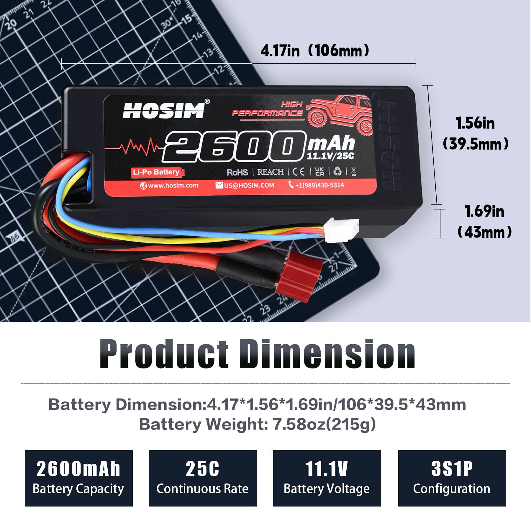 RC Car Battery 3S 11.1V 2600mAh Li-po Battery 25C for 1/10 Scale