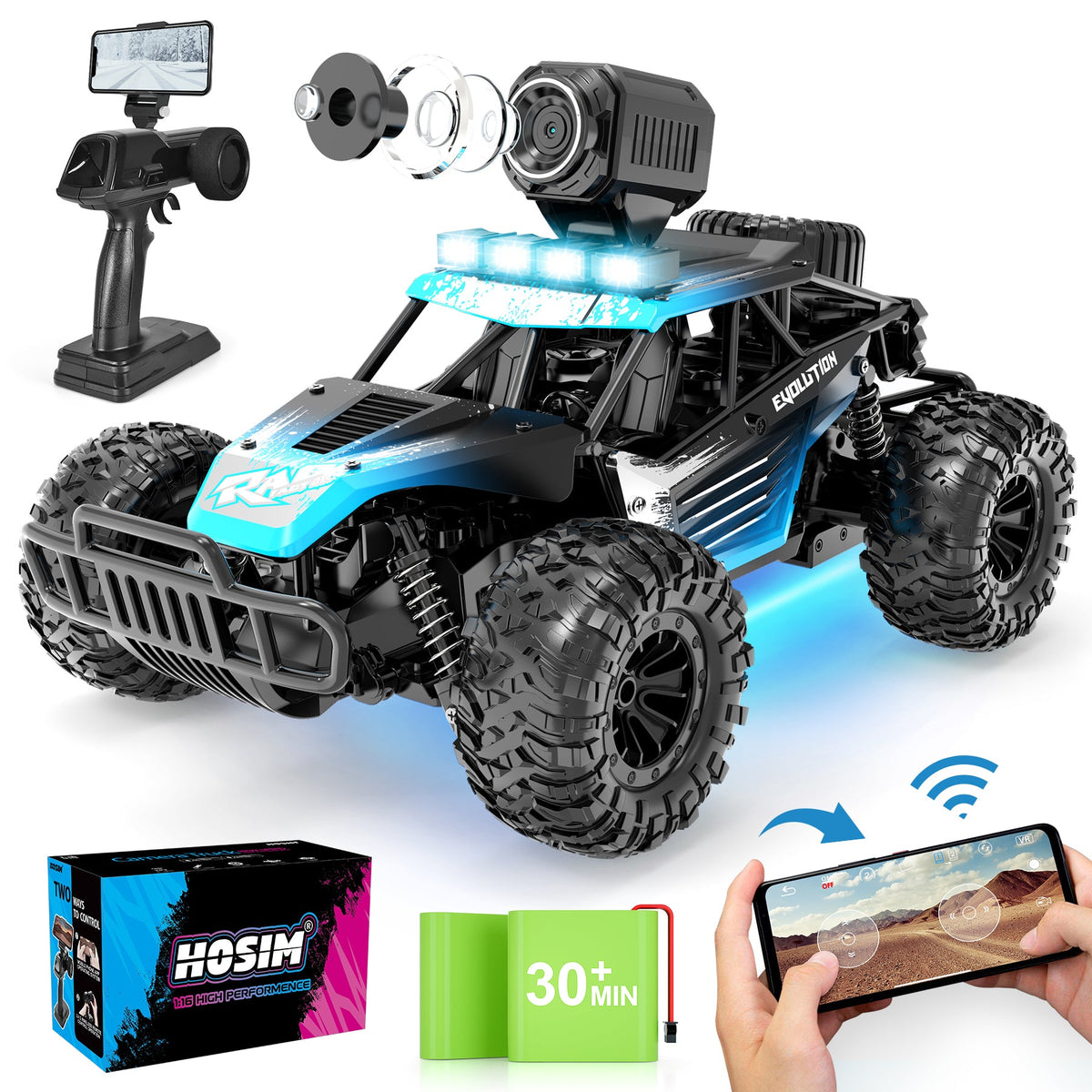 Hosim RC Cars with 1080P HD FPV Camera, 1:16 Remote Control Truck Car High Speed Monster Trucks for Kids Adults Boys & Girls 2 Batteries