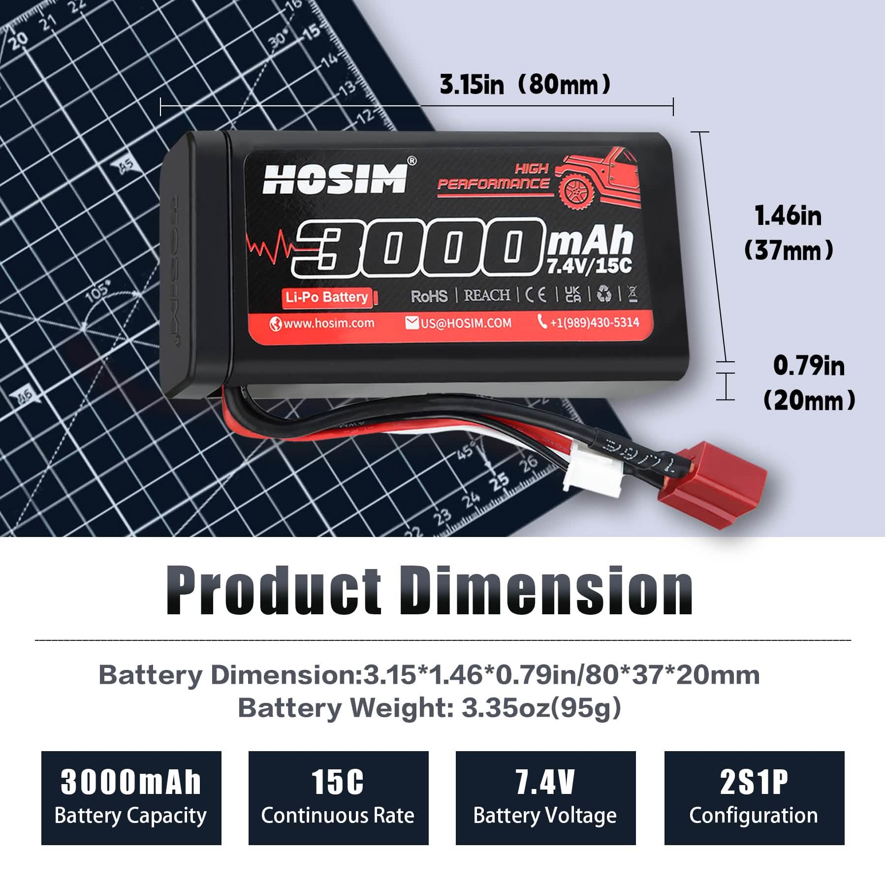 RC Car Battery 7.4V 15C 3000mAh Lipo Battery 2PCS with Charger & Bag & Starp