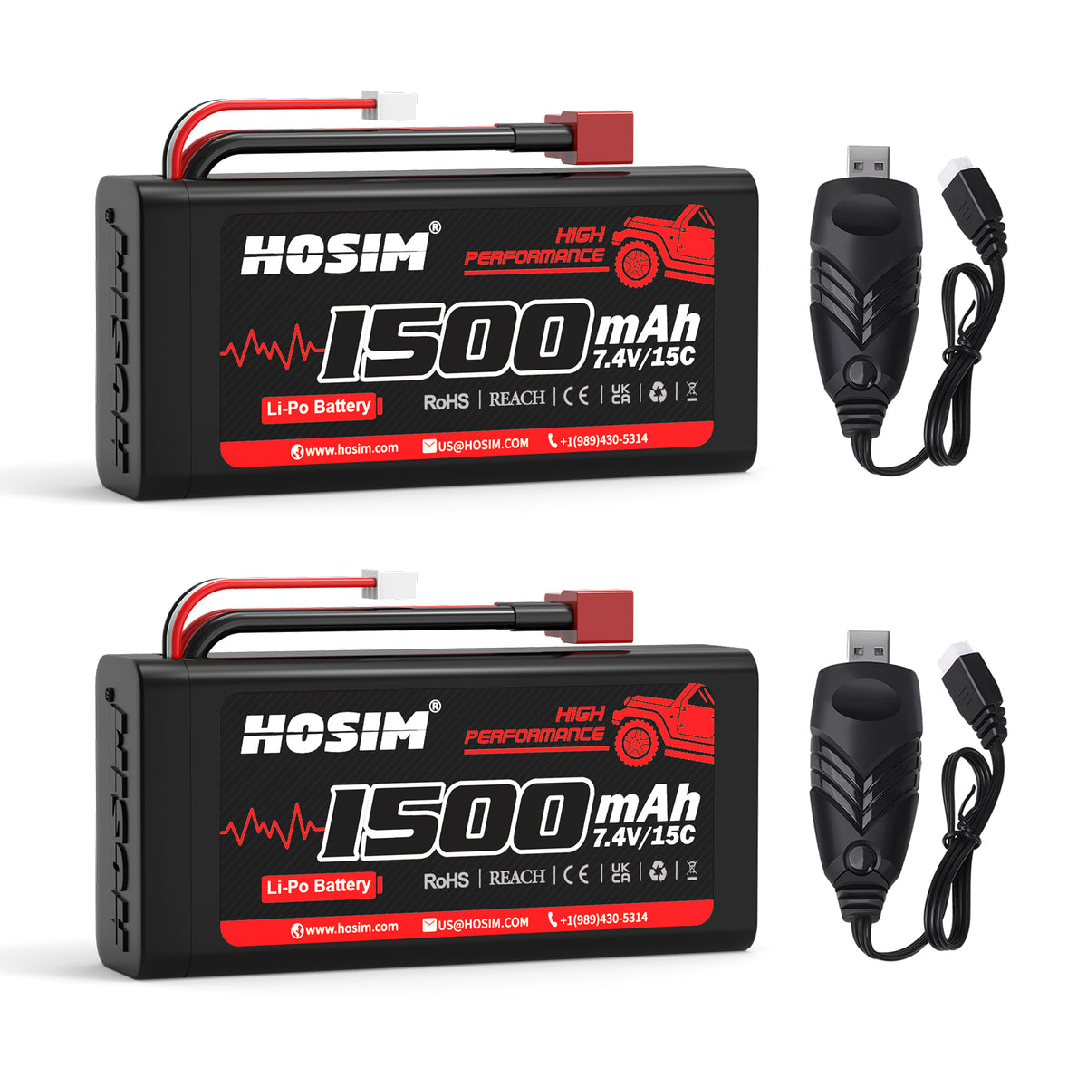 RC Car Battery 7.4V 1500mAh 15C Lipo Battery 2PCS & 2 Charger