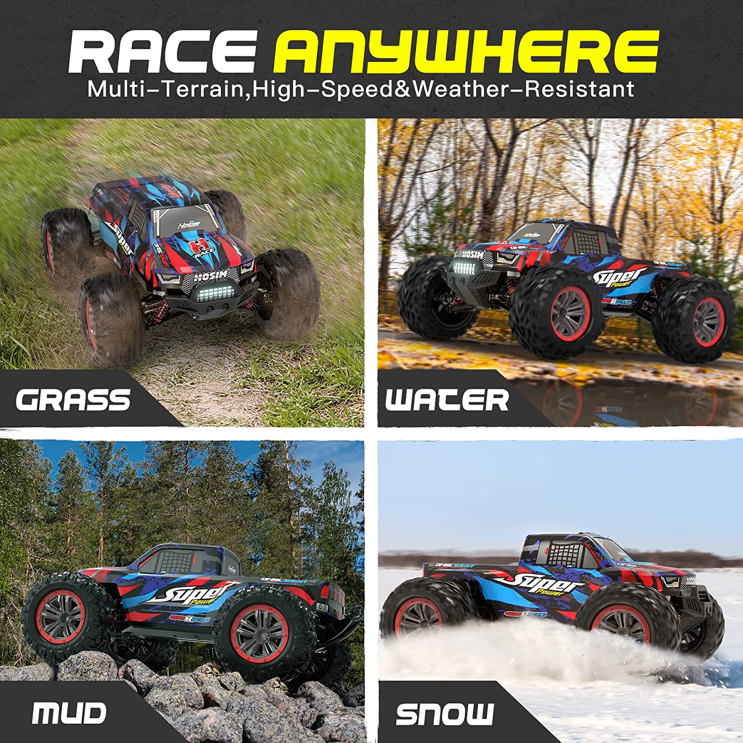 Hosim 1:10 Brushless RC Cars High Speed 68+KM Remote Control Car X-08 4WD Off Road RC Monster Trucks Blue（mikehowl)