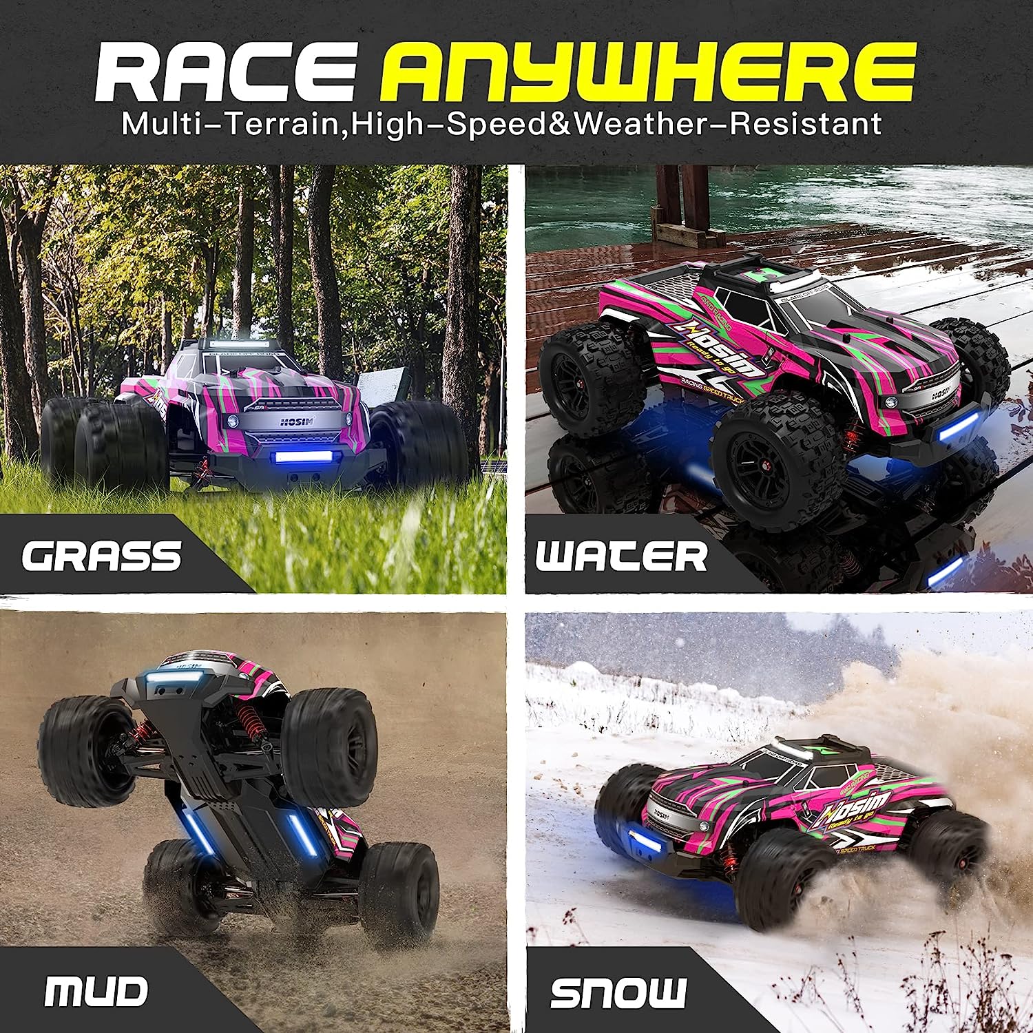 Hosim 1:14 RC Cars With Lights Off-Road Remote Control RC Trucks,4WD High Speed Vehicle Car Gift for Adults&Children