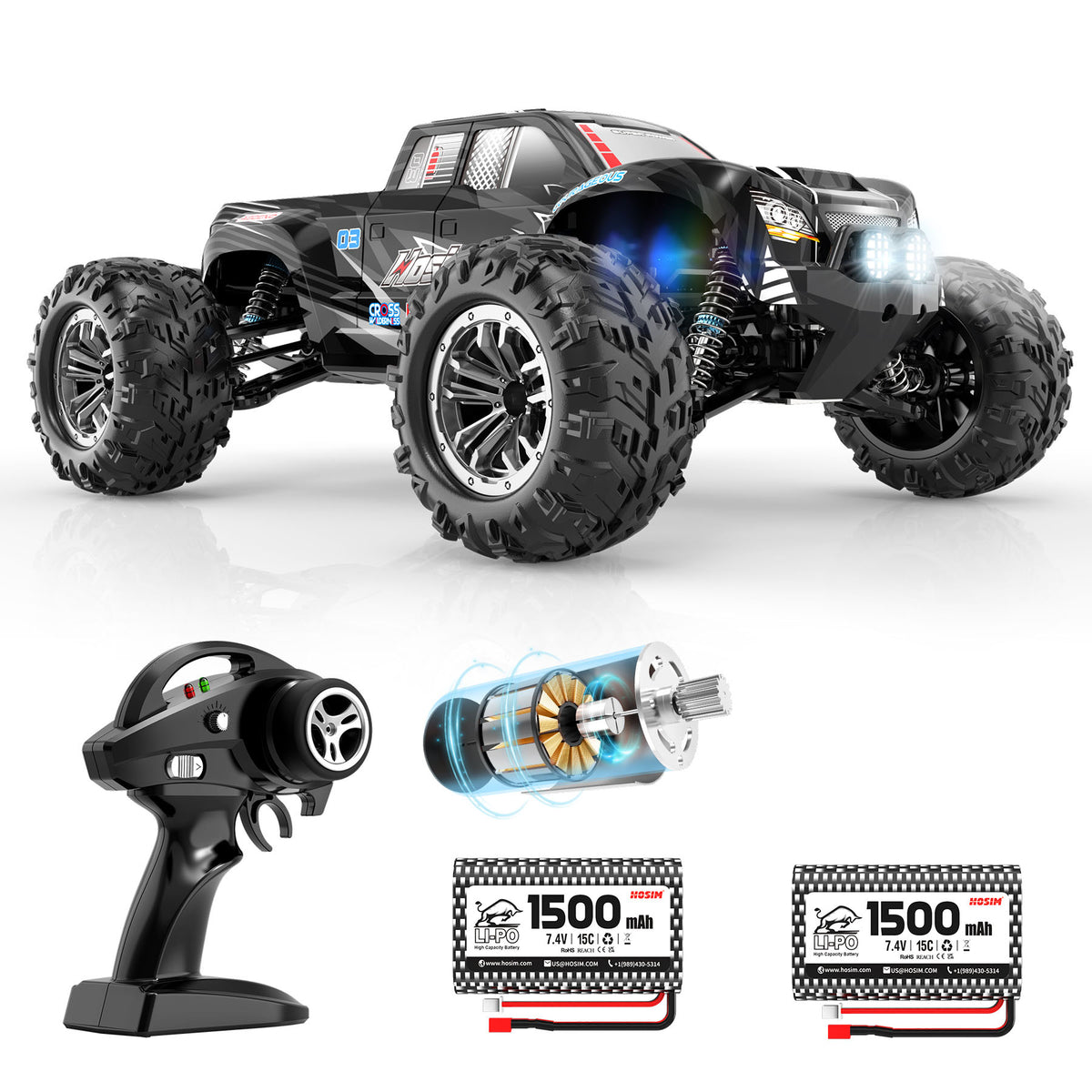 Hosim 1:10 RC Car, High Speed Remote Control Car RC Monster Truck 48+ KMH 4X4 Off-Road RC Truck with Headlights Black