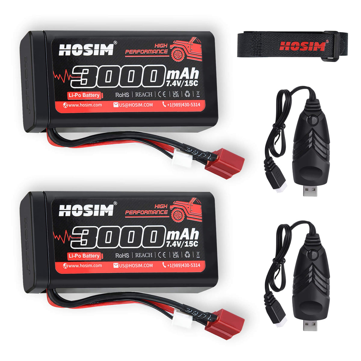 RC Car Battery 7.4V 15C 3000mAh Lipo Battery RC Lipo Batteries 2PCS with 2 USB Chargers