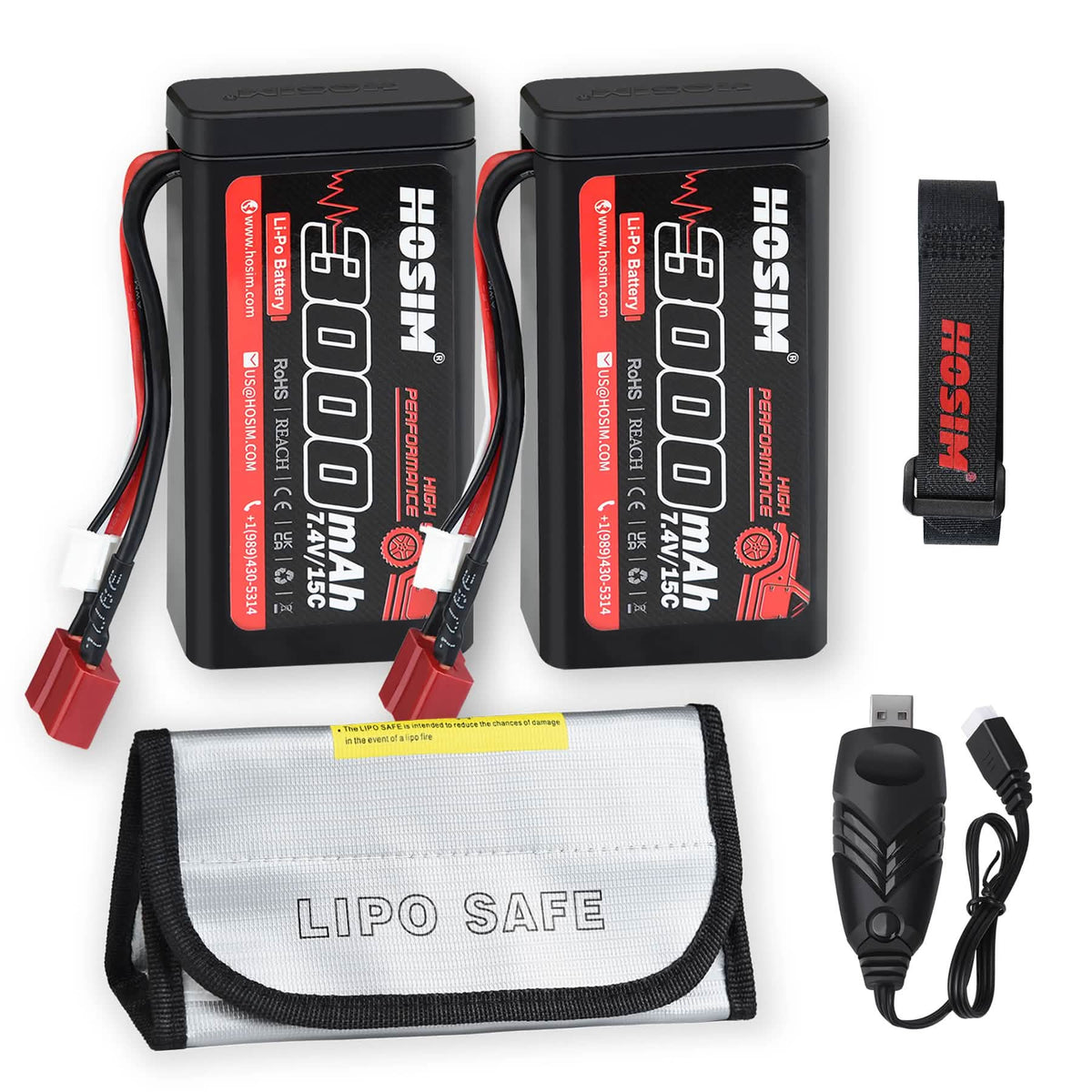 RC Car Battery 7.4V 15C 3000mAh Lipo Battery 2PCS with Charger & Bag & Starp