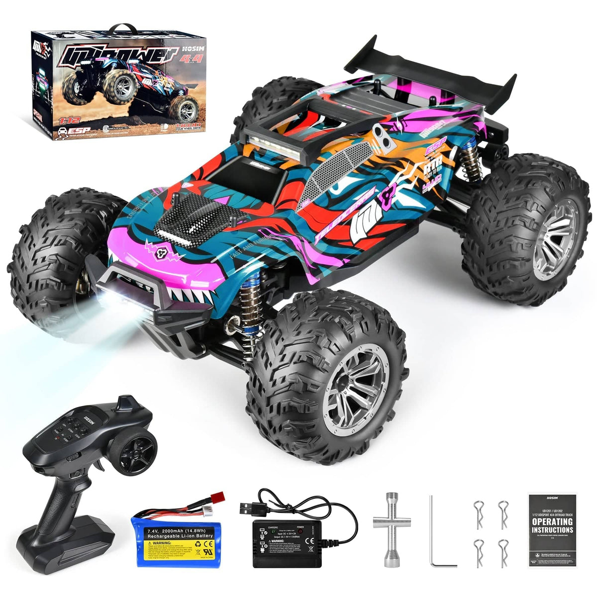 HOSIM 1:12 Large Scale Remote Control Car RC Car Monster Truck 1202 Purple 4X4 OFFROAD Truck 40KM/h High Speed