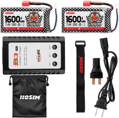 Hosim 2pcs 1600mah lipo Battery 7.4v 25C RC Cars Battery with 1 Battery Bag, 1 Balance Charger, 1 Strap & 1 Double Connector for 9125 9126 HS9125