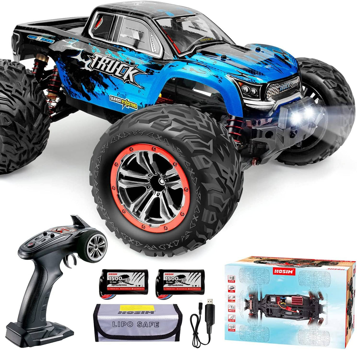 Hosim 1:12 Scale RC Car Monster Truck Oil Shock 2 Dual Batteries Conector  9155 Blue