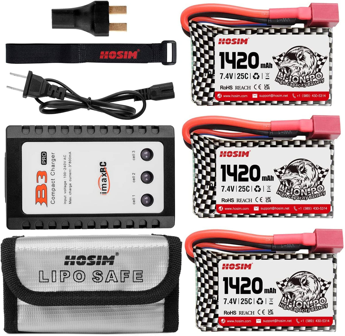 Hosim 3pcs 7.4V 1420mAh 25C T Connector Li-ion Battery with 1 Balance Charger,1 Battery Bag, 1 Double Battery Connector & 1 Strap for Brushless Q901 Q903 Q905