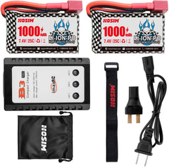 Hosim 2pcs 7.4V 1000mAh 25C T Connector Li-ion Battery Pack with 1 Balance Charger,1 Battery Bag, 1 Double battery connector & 1 Strap for 901 903 905 RC Cars